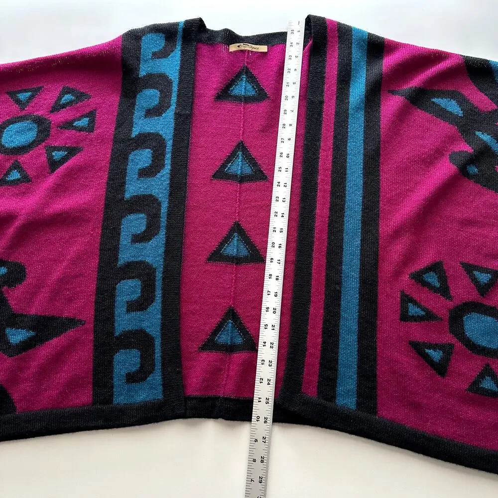 Origin Alpaca Bright‎ South American Graphic Pink Teal Knit Ruana Poncho Wrap OS